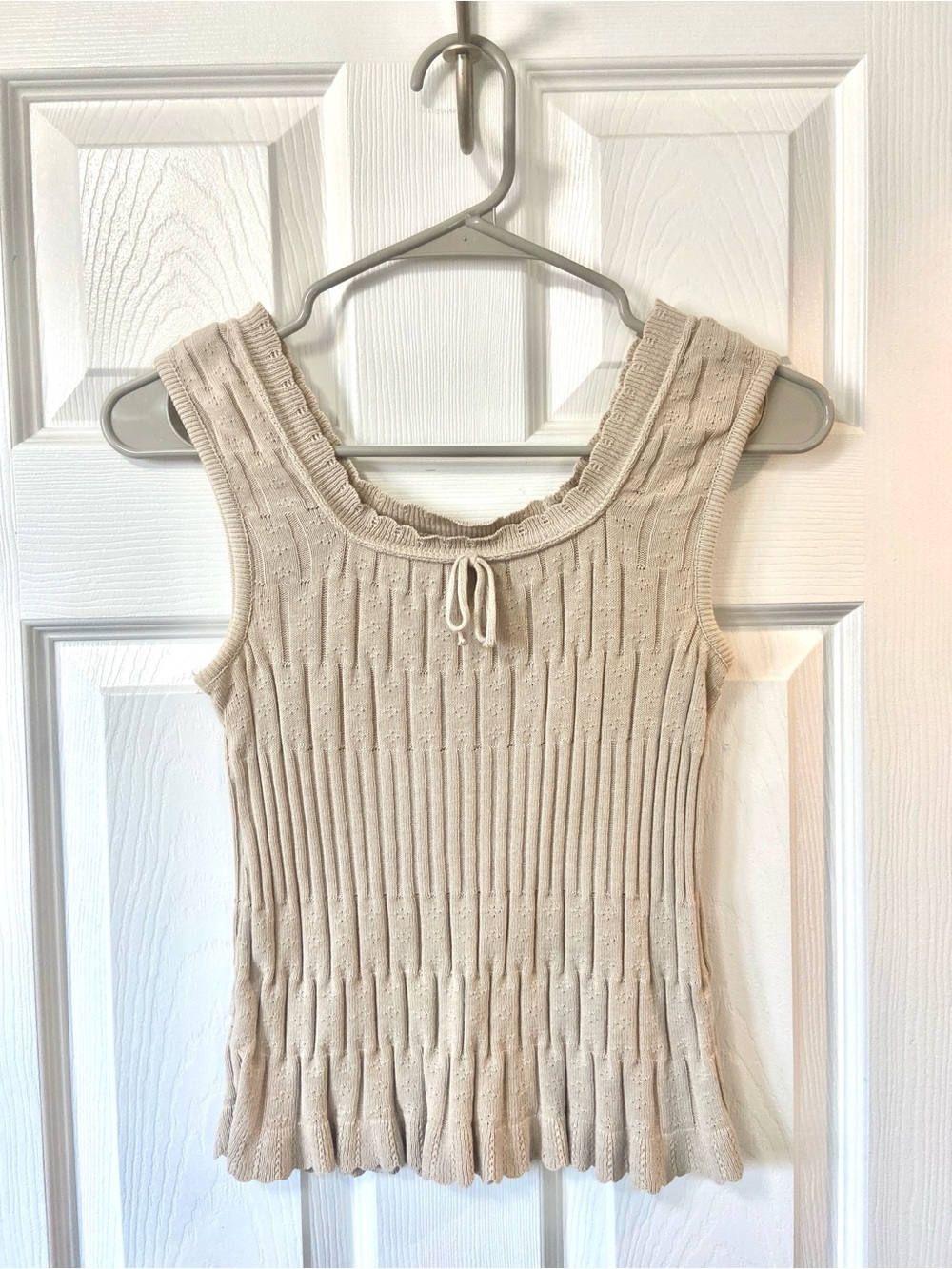 Sleeveless Taupe Ribbed Knit Tank Top with Ruffled Sleeves and Flounced Edge